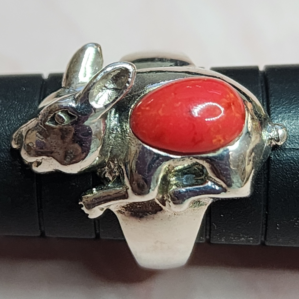 Coral 🪸 and Sterling Silver Rabbit 🐇 Ring NWOT